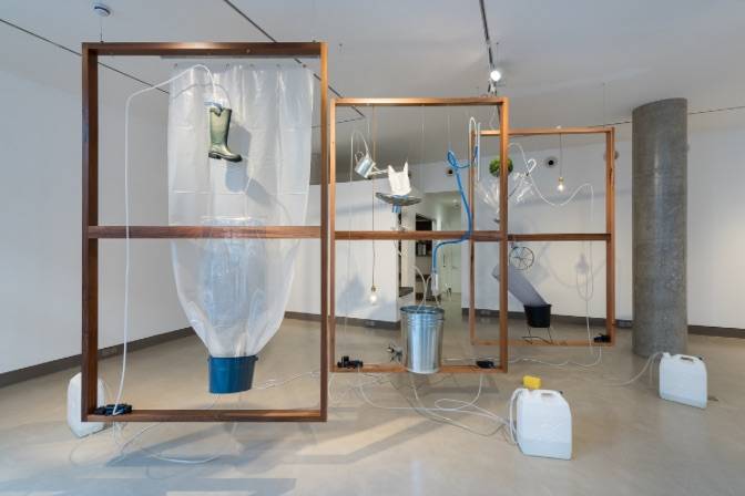 Moré Moré [Leaky]: The Falling Water Given #4-6, Installation view at White Rainbow, London, 2017 Wood Frames, found objects, water pump system